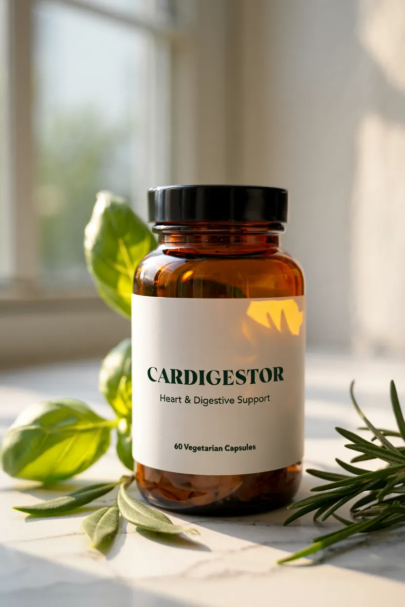 Cardigestor natural supplement bottle with botanical ingredients for heart and digestive support